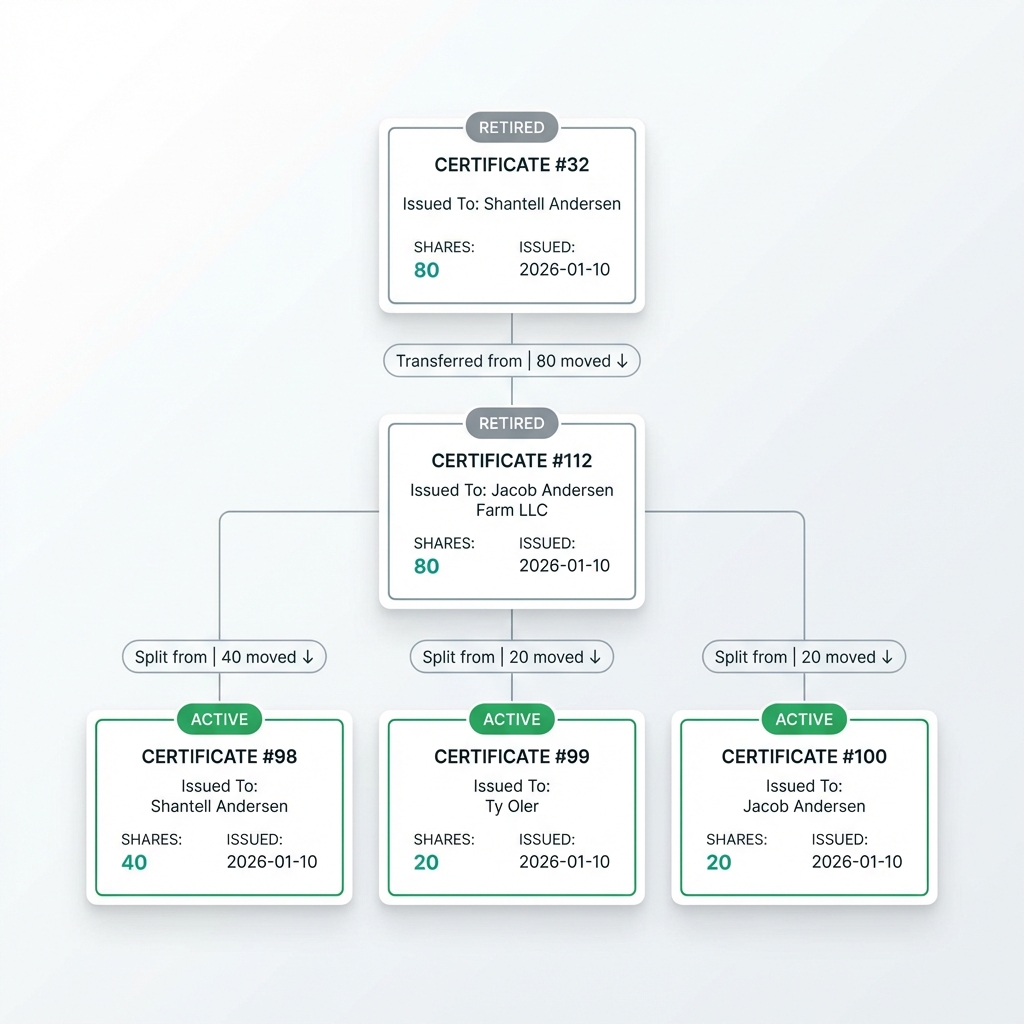 Certificate genealogy tree showing share transfers and splits