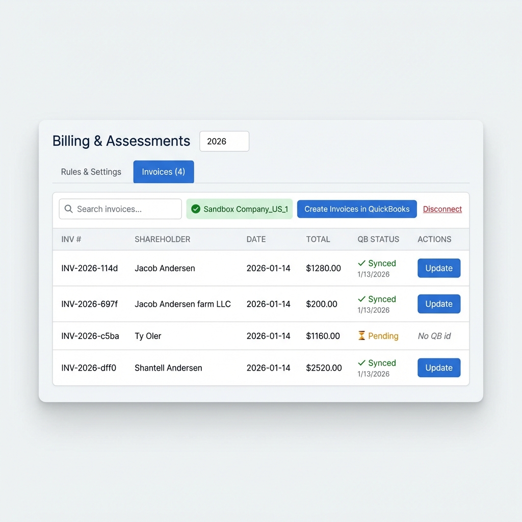 QuickBooks invoice sync showing synced and pending statuses